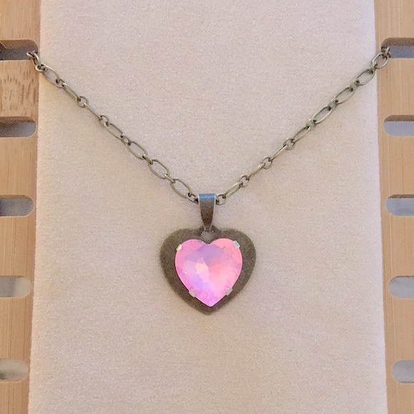 Pink Opal Aurora Borealis Crystal Heart Pendant Necklace - Picture 10 of 16